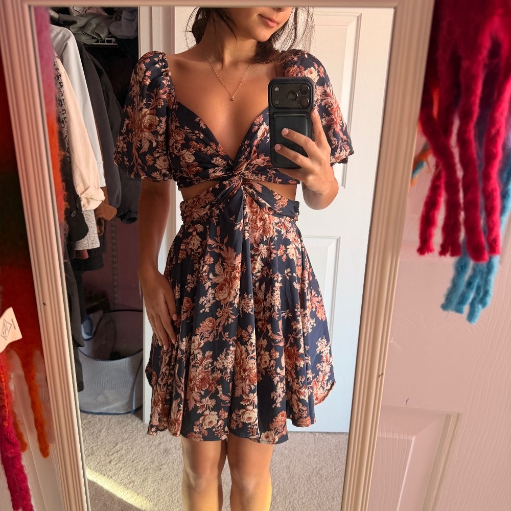 Altar'd State Navy and Peach Floral Backless Dress